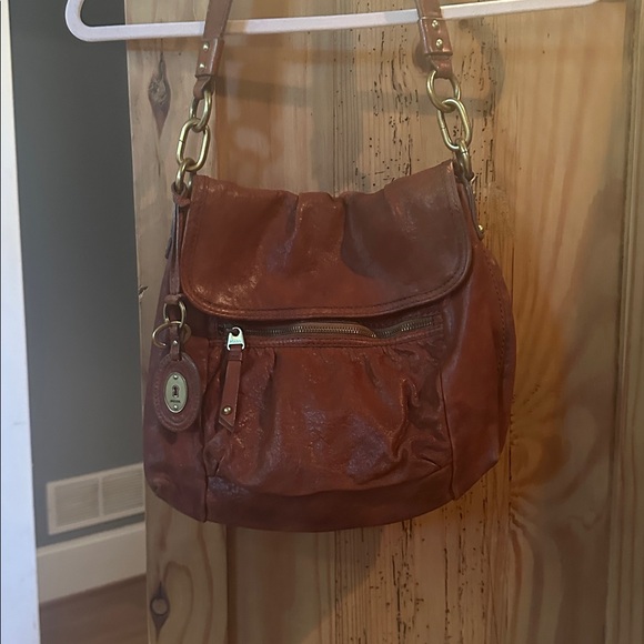 Y2K Fossil Long Live Vintage Red Leather Crossbody Shoulder Bag Brass Chain - Picture 1 of 2